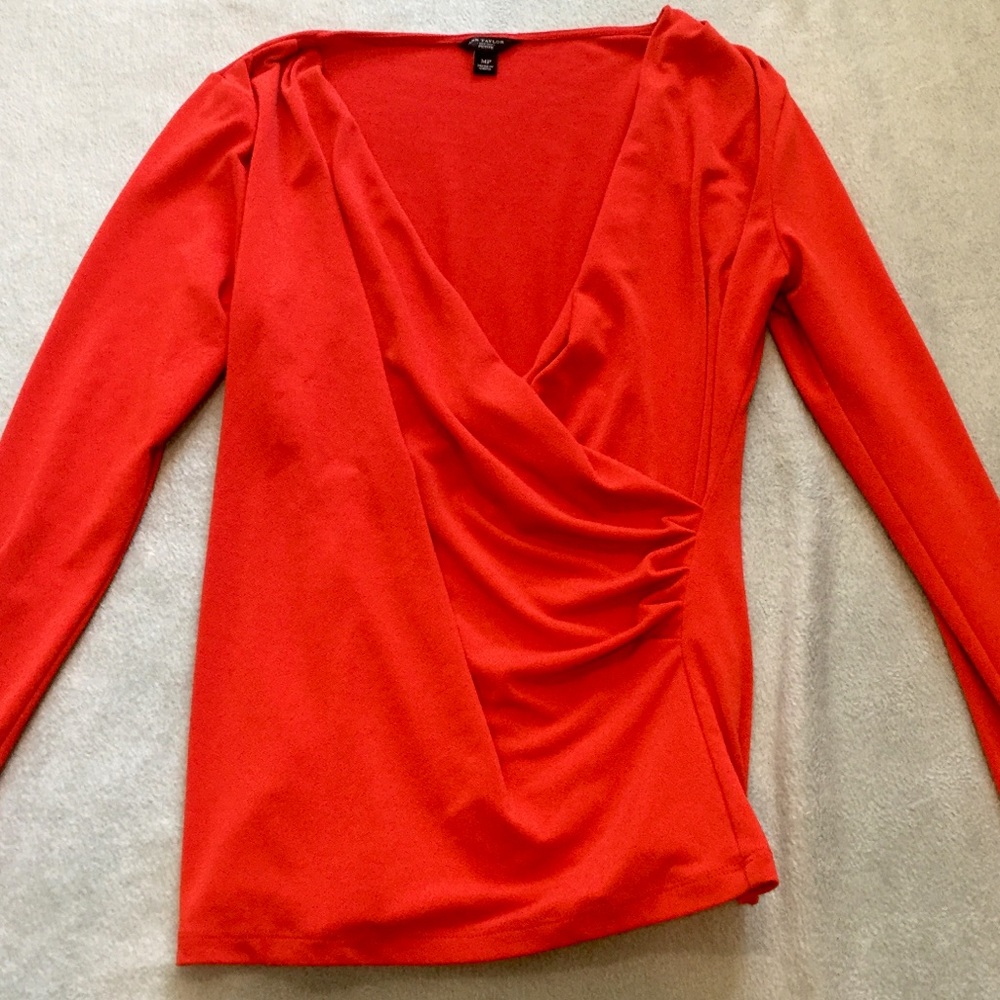 Red Long Sleeve ANN TAYLOR Cross Over Top